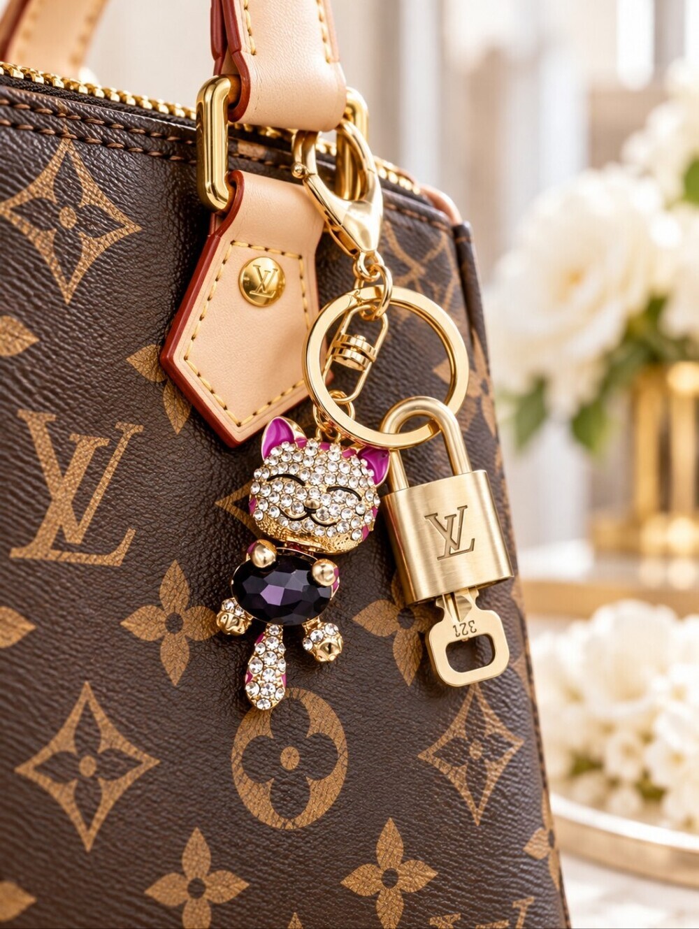 Authentic Louis Vuitton Lock & Key with Unbranded Cat Charm, Keychain - Picture 2 of 12